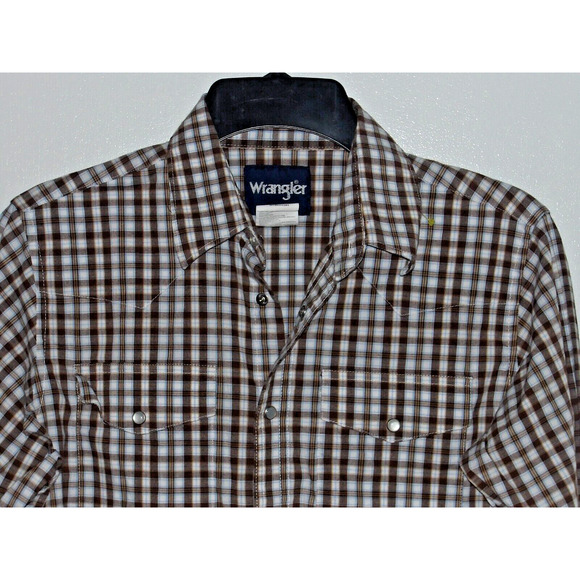 Wrangler‎ Shirt Mens XL Brown Check Pearl Snap Cowboy Western - Picture 2 of 4